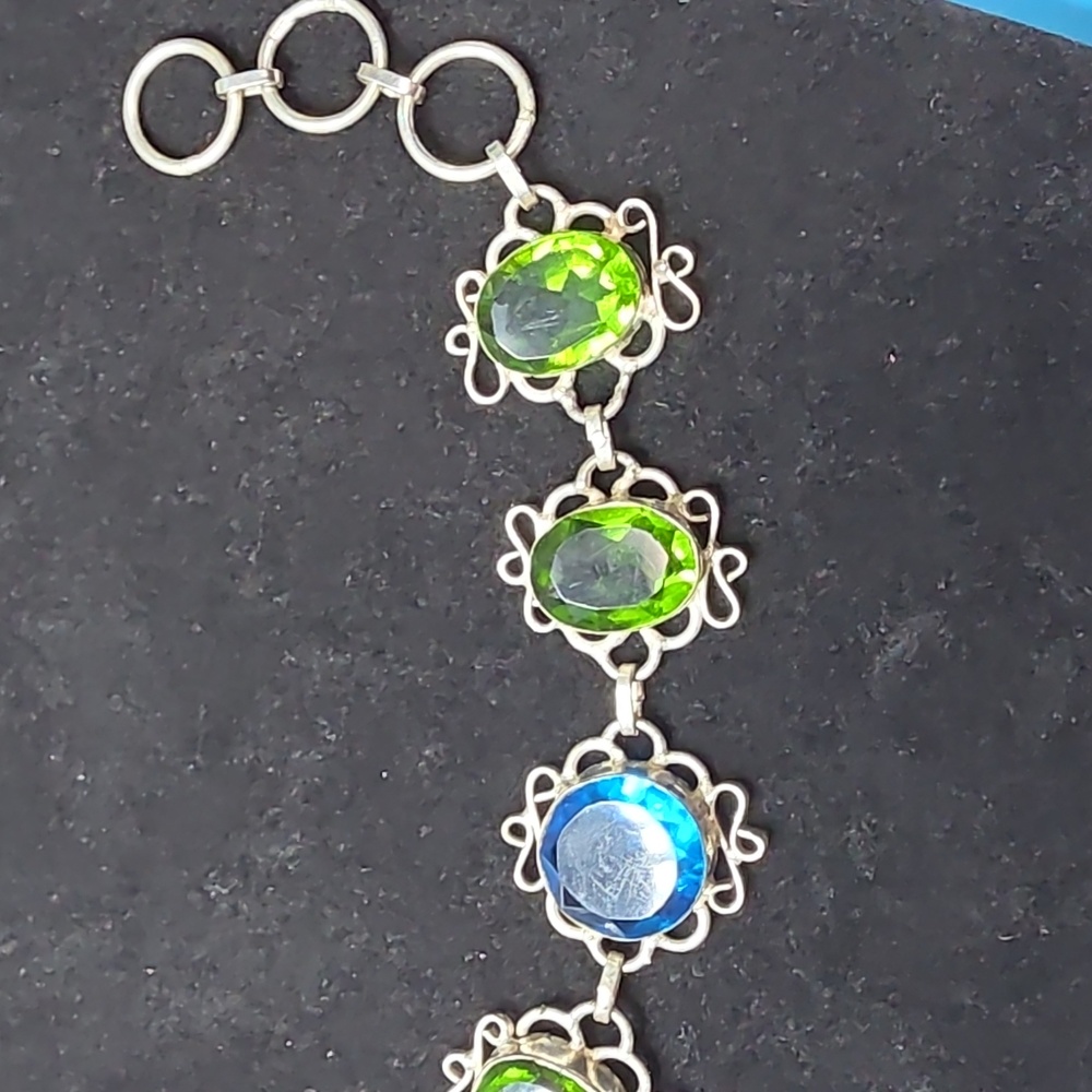 Vintage Silver Stamped 925 Bracelet with Green and Blue Gem Accents - Picture 3 of 4